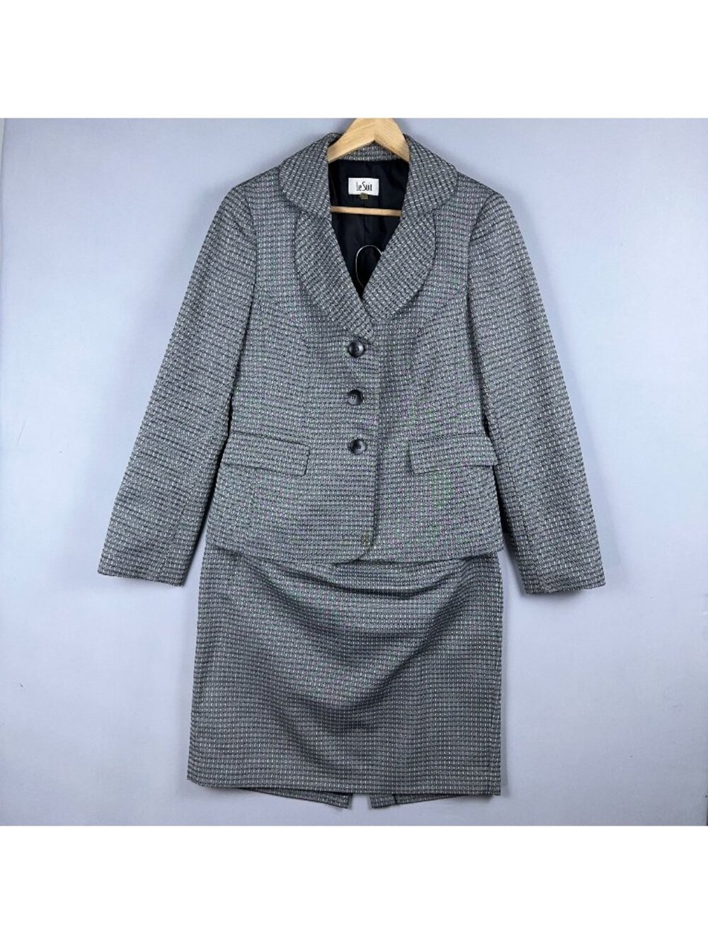 Le Suit Office Suit Coat Skirt Womens 10 Houndstooth Wool-Blend Black White